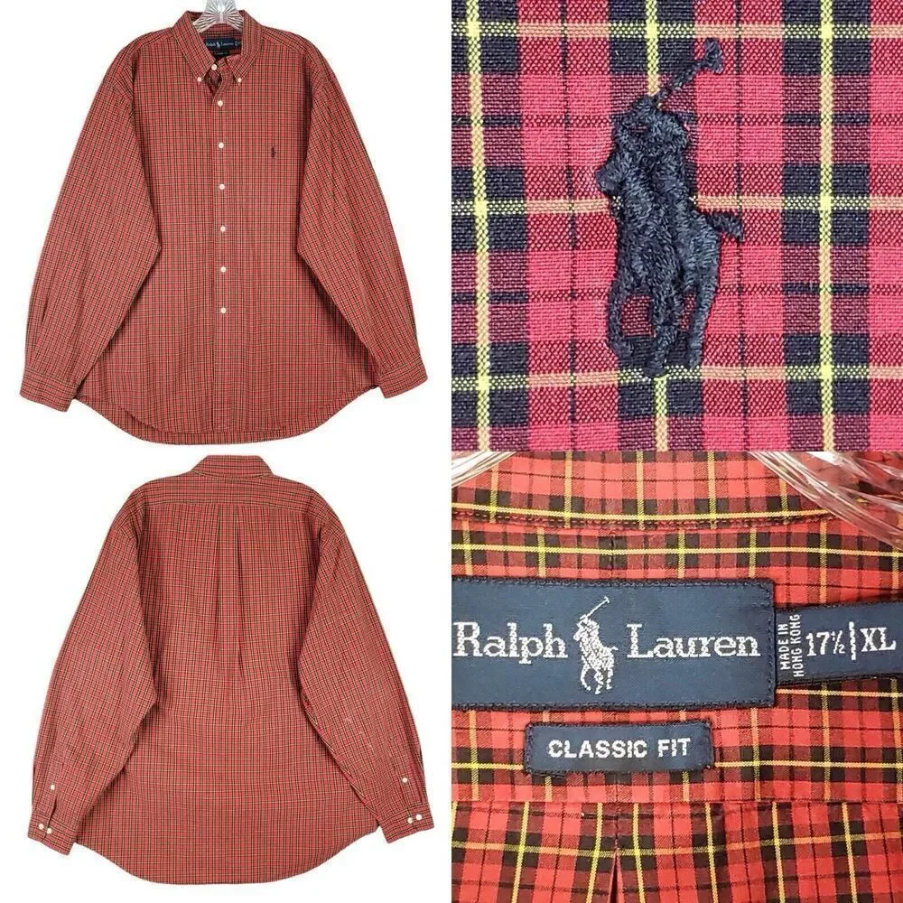 Polo Ralph Lauren Shirt Oxford Mens Size 17.5 XL Red Plaid Button Down Flaw